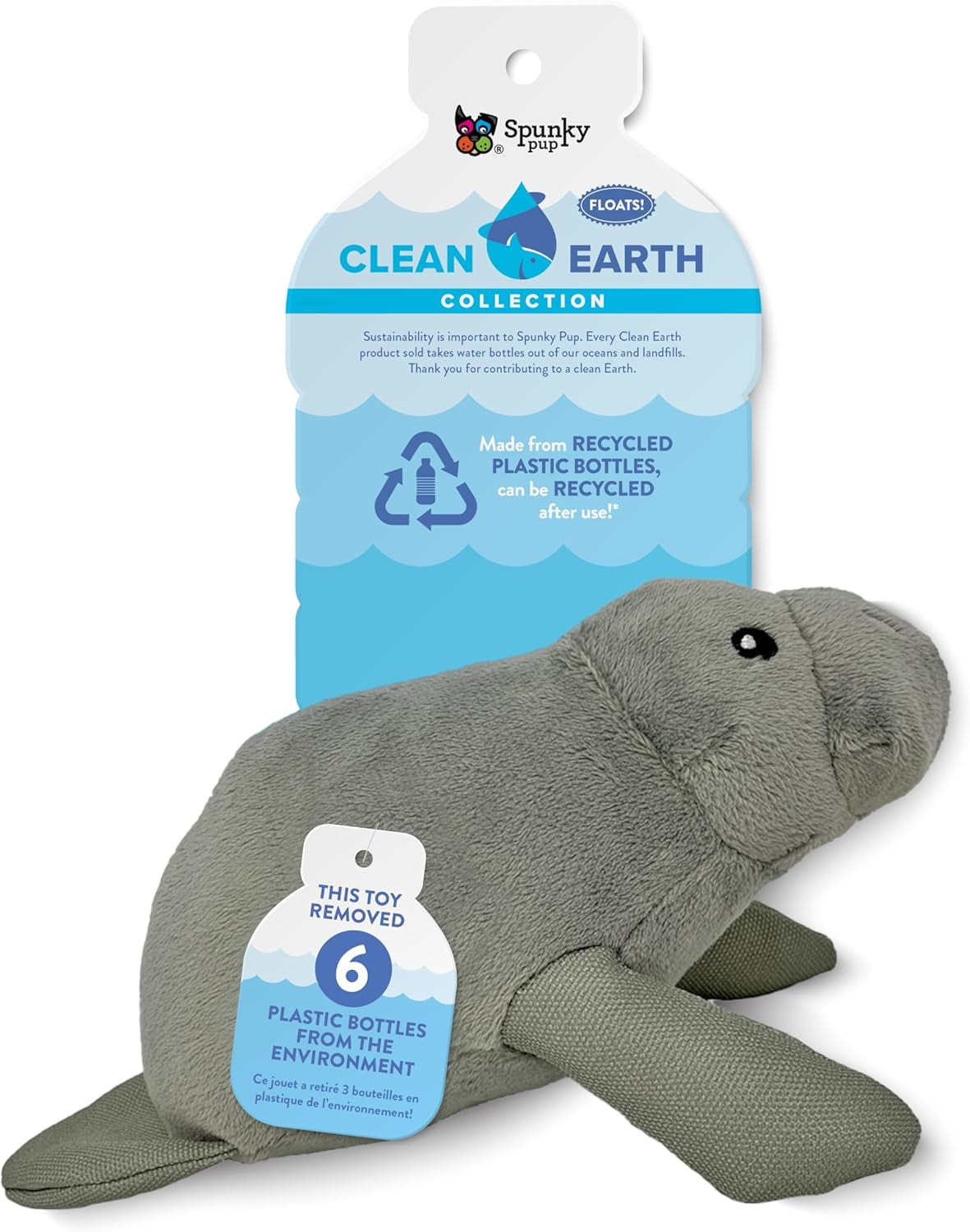 Clean Earth Plush Dog Toy with Squeaker - Recycled, Eco-Friendly, Floats for Beach, Lake, Pool - Manatee, Small